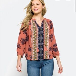 Boho Printed Tassel V-Neck Blouse - Rust